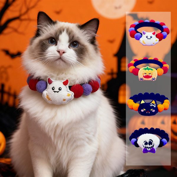 Halloween Velcro Pet Collar - Pom-pom Pumpkin Ghost Decoration