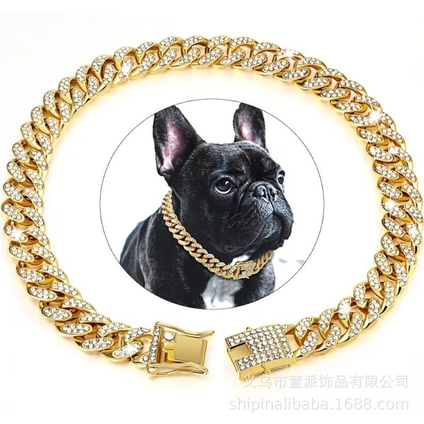 Gold/Silver Dog Cuban Chain Collar - New, Diamond Decor, Buckle Style