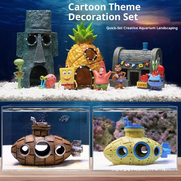 Fish Tank Landscaping Set - Pineapple House, Cartoon Ornaments & Submarine Shelter